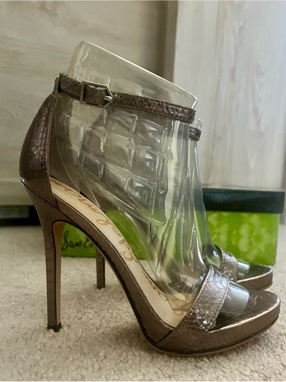 Sam Edelman Metallic Pewter High Heel Sandals with Ankle Strap Size 5